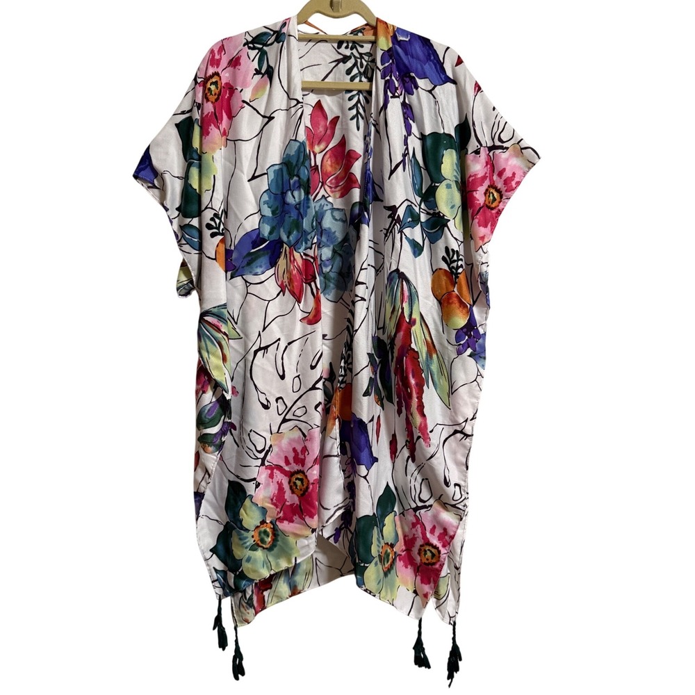 Jessica McClintock Women Floral Kimono Wrap White Pink Tassel Open Front OS